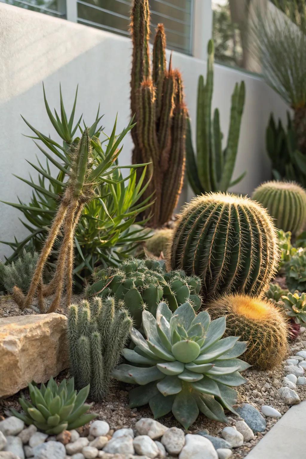 A diverse mix of cacti and succulents highlighting texture contrasts.