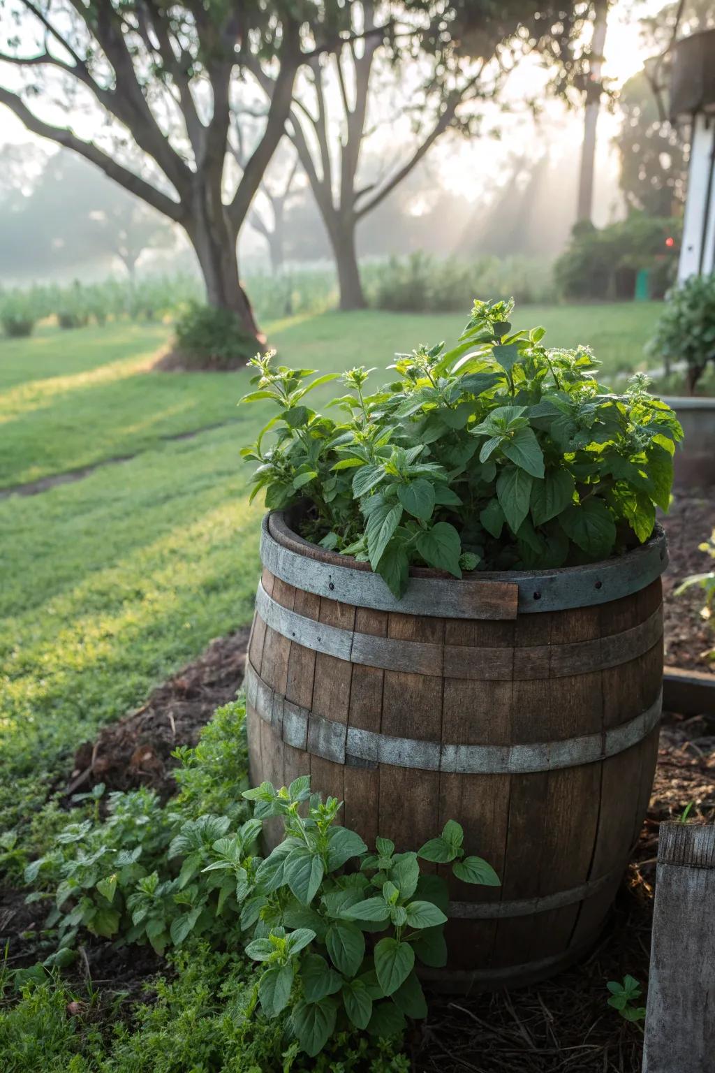 A charming whiskey barrel planter filled with mint.