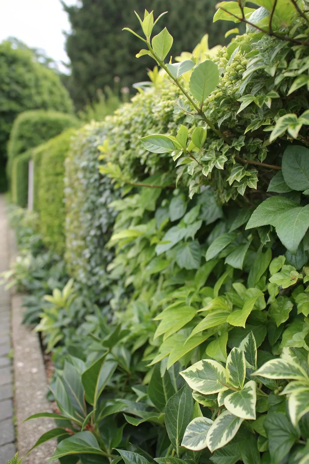 A mixed hedge with a variety of leaf shapes and textures.