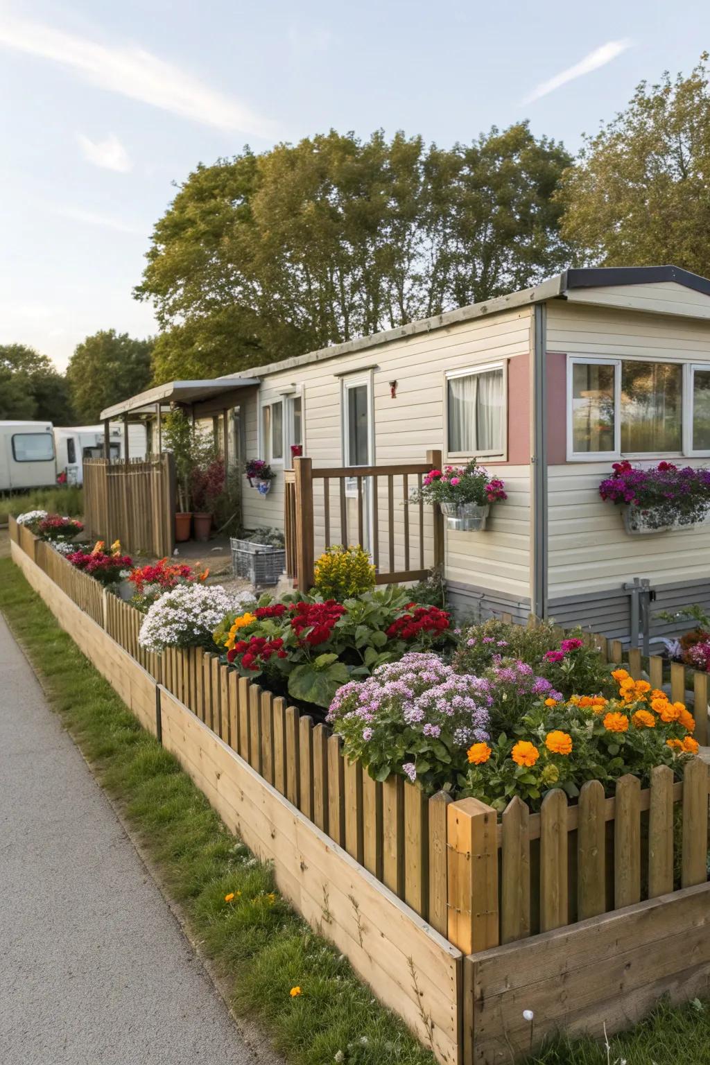 Integrated planter fences blend function with floral beauty.