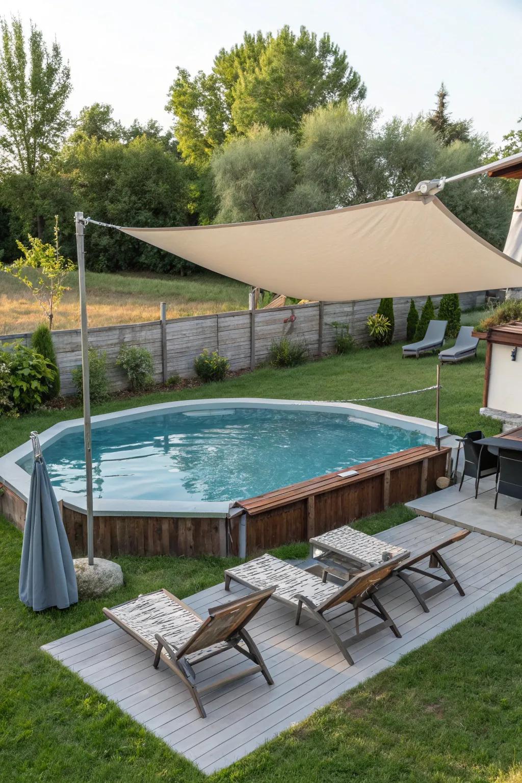 A cozy lounge area with comfy seating and a shade sail enhances this above-ground pool setting.