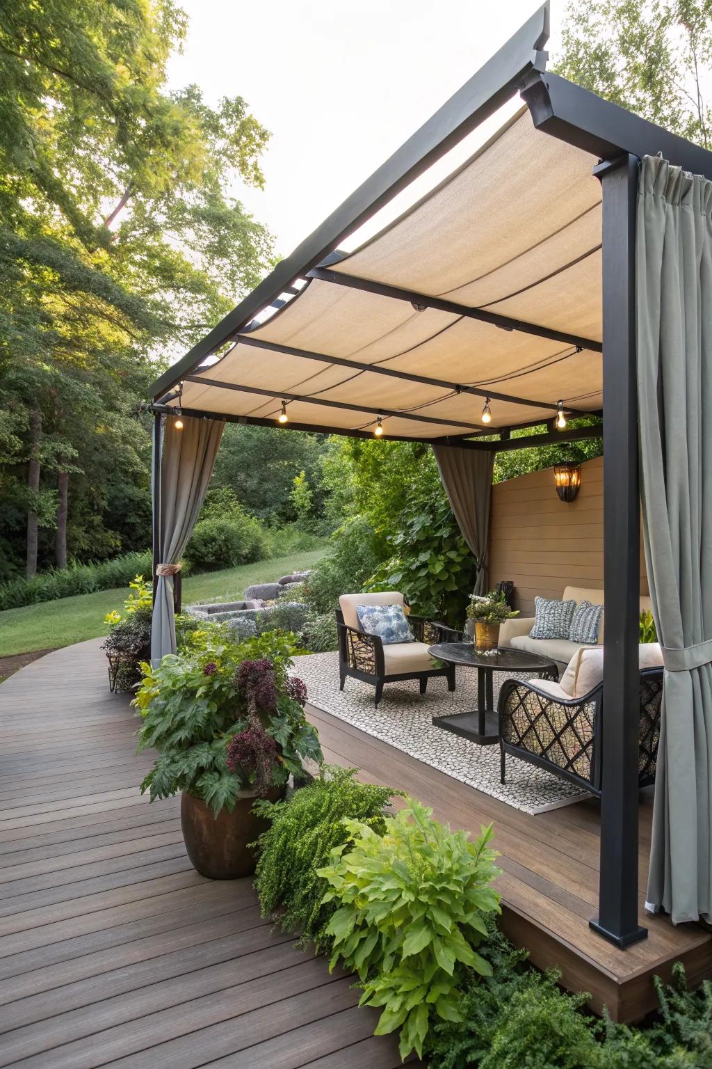 Pergola-style awnings offer a perfect blend of shade and architectural beauty.
