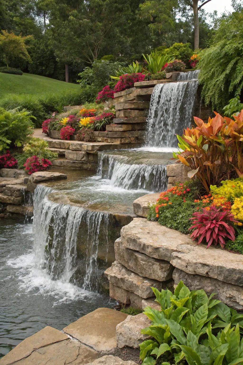 Multi-tiered waterfalls bring dynamic movement to your garden.
