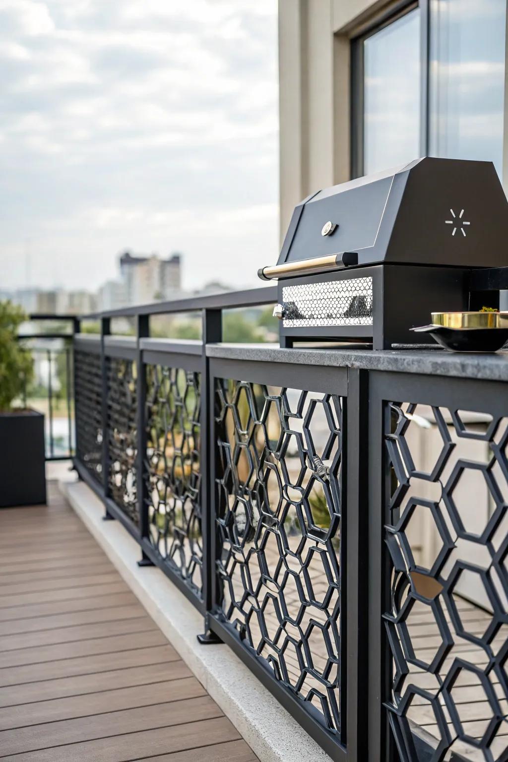 Balcony grill with geometric patterns, adding a modern artistic flair.