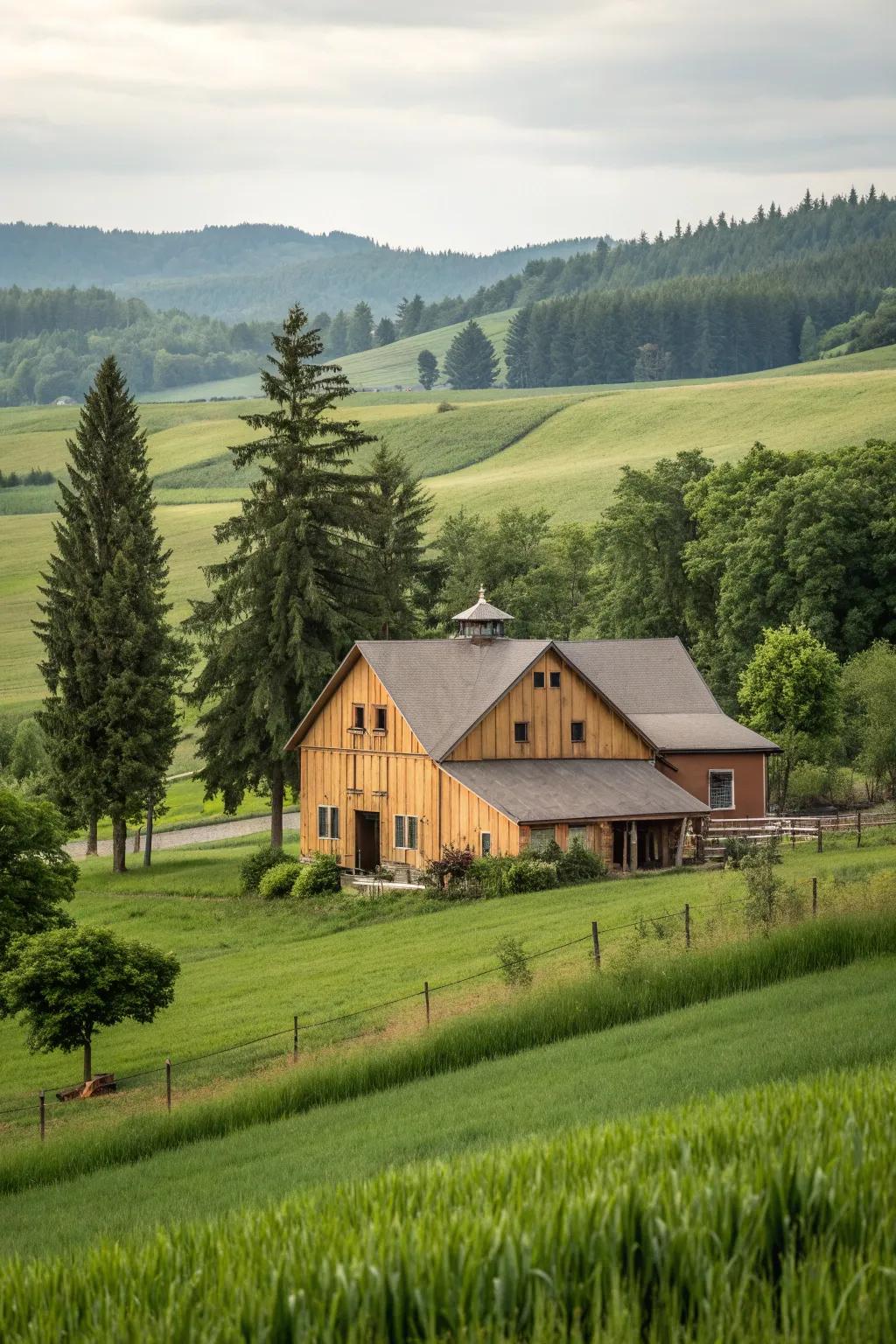 Earth-toned barn house exterior that blends seamlessly with its environment.