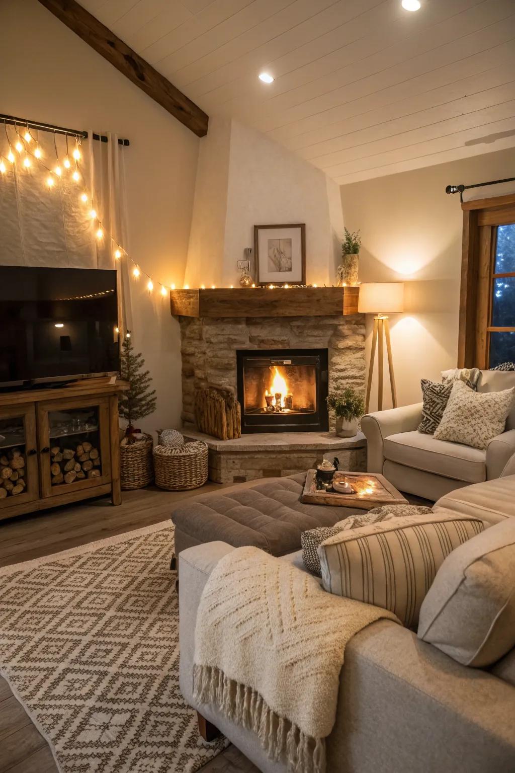 Cozy corner fireplace maximizing space in a small living room.