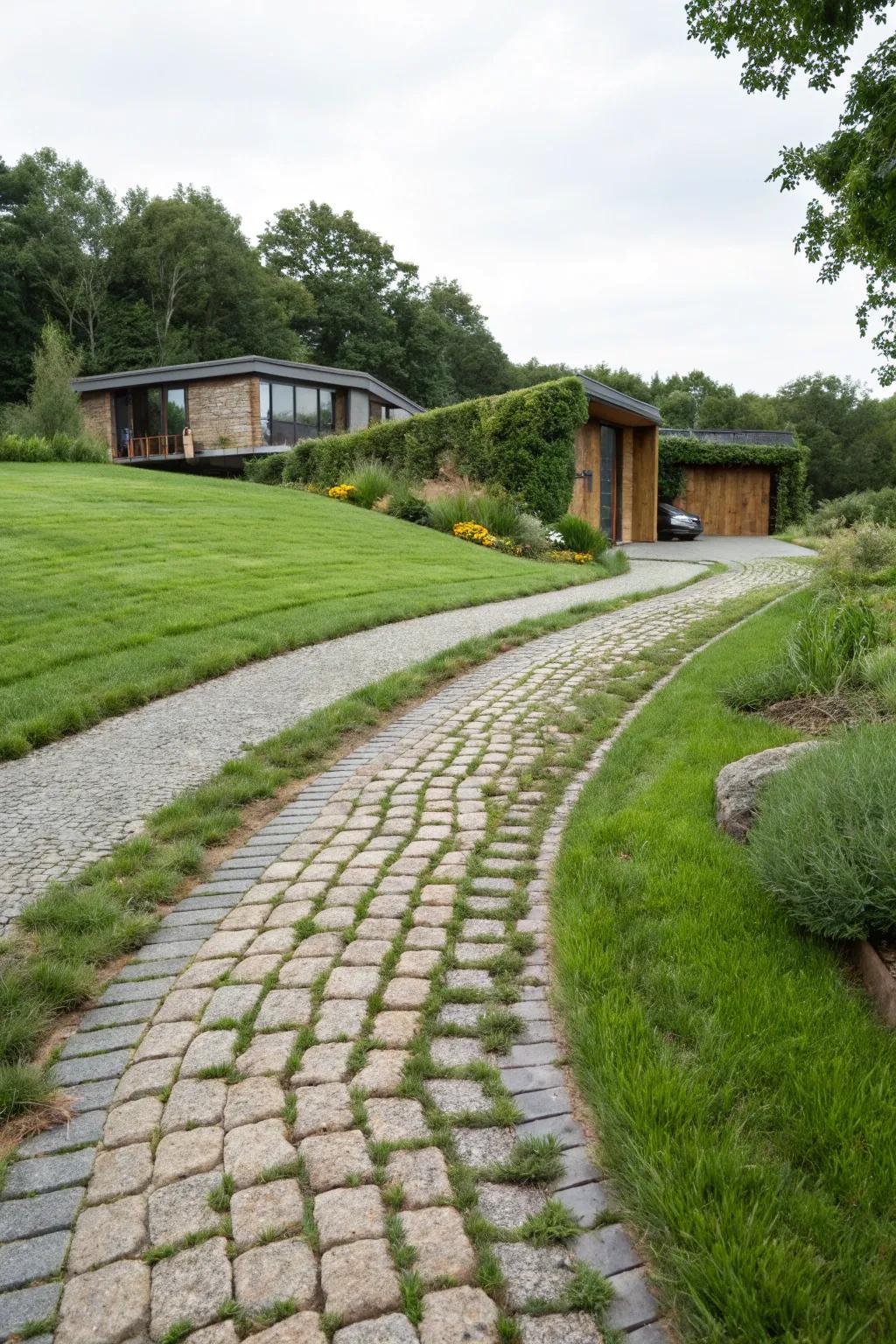 Cobblestones interspersed with grass create an eco-friendly and stylish driveway.
