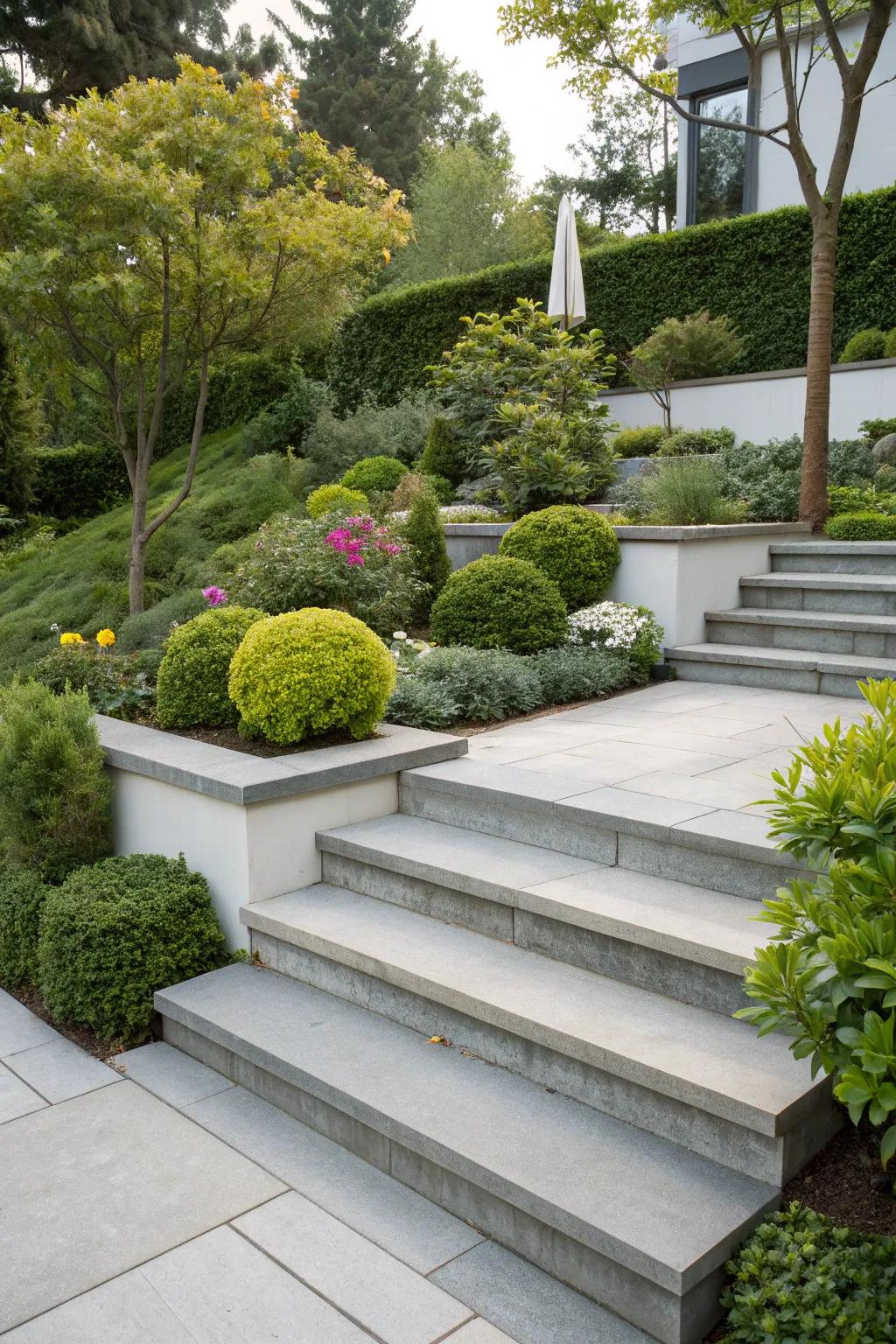 Concrete steps harmoniously integrated with modern landscaping.