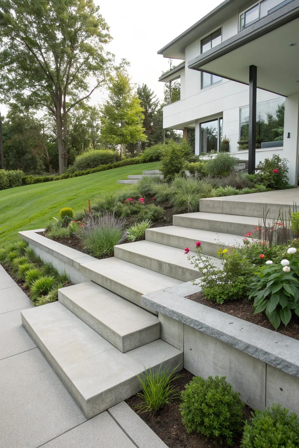 Add depth with multi-level concrete designs in your front yard.
