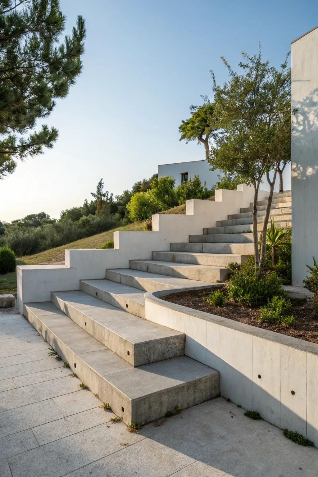 Unique concrete steps with varying heights and shapes.