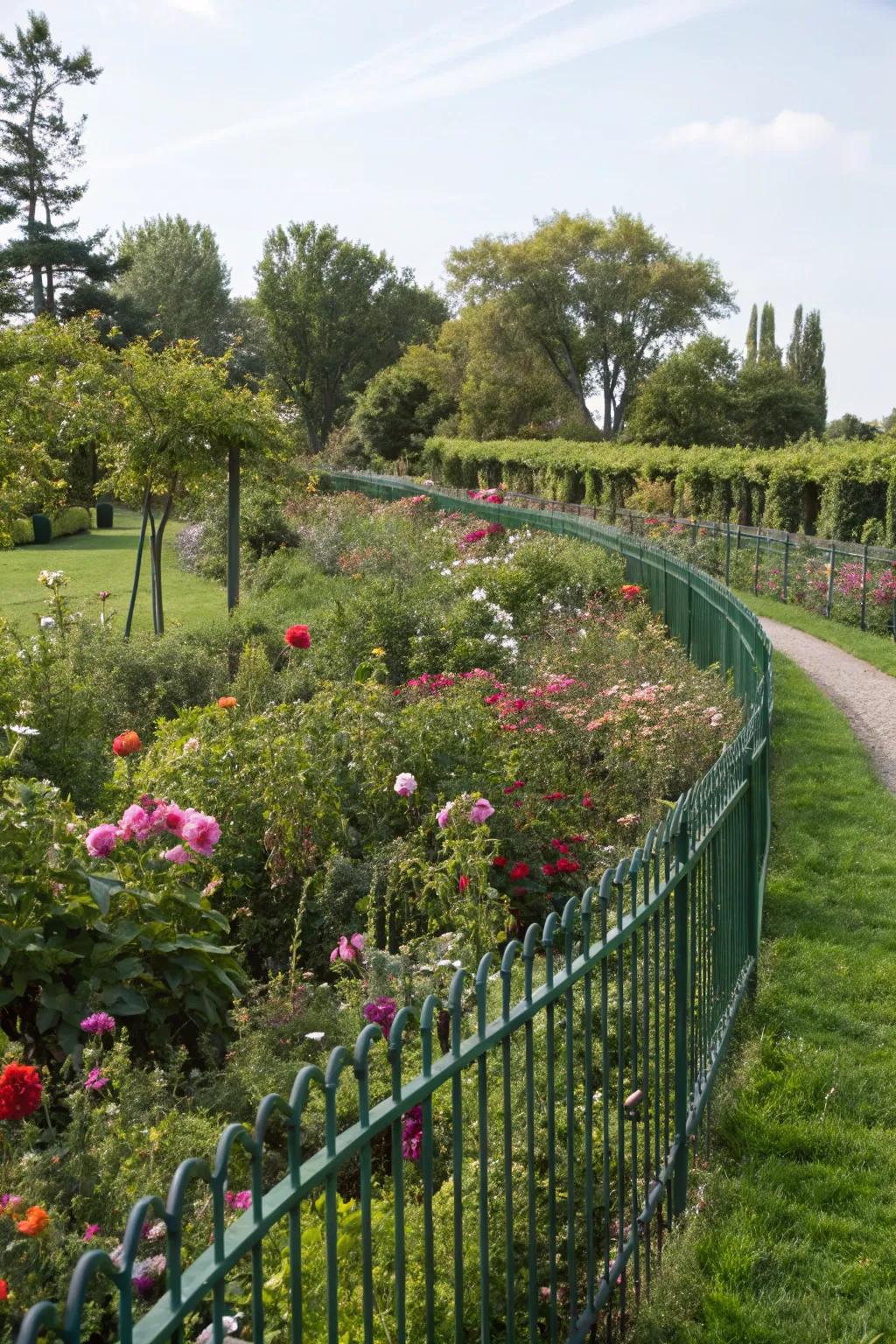 A beautifully integrated curved fence, blending effortlessly with the garden's lush greenery.