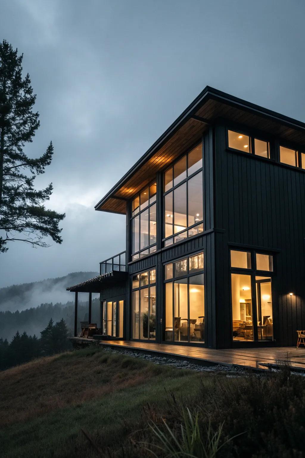 A dark house exterior featuring expansive windows that let in plenty of light.