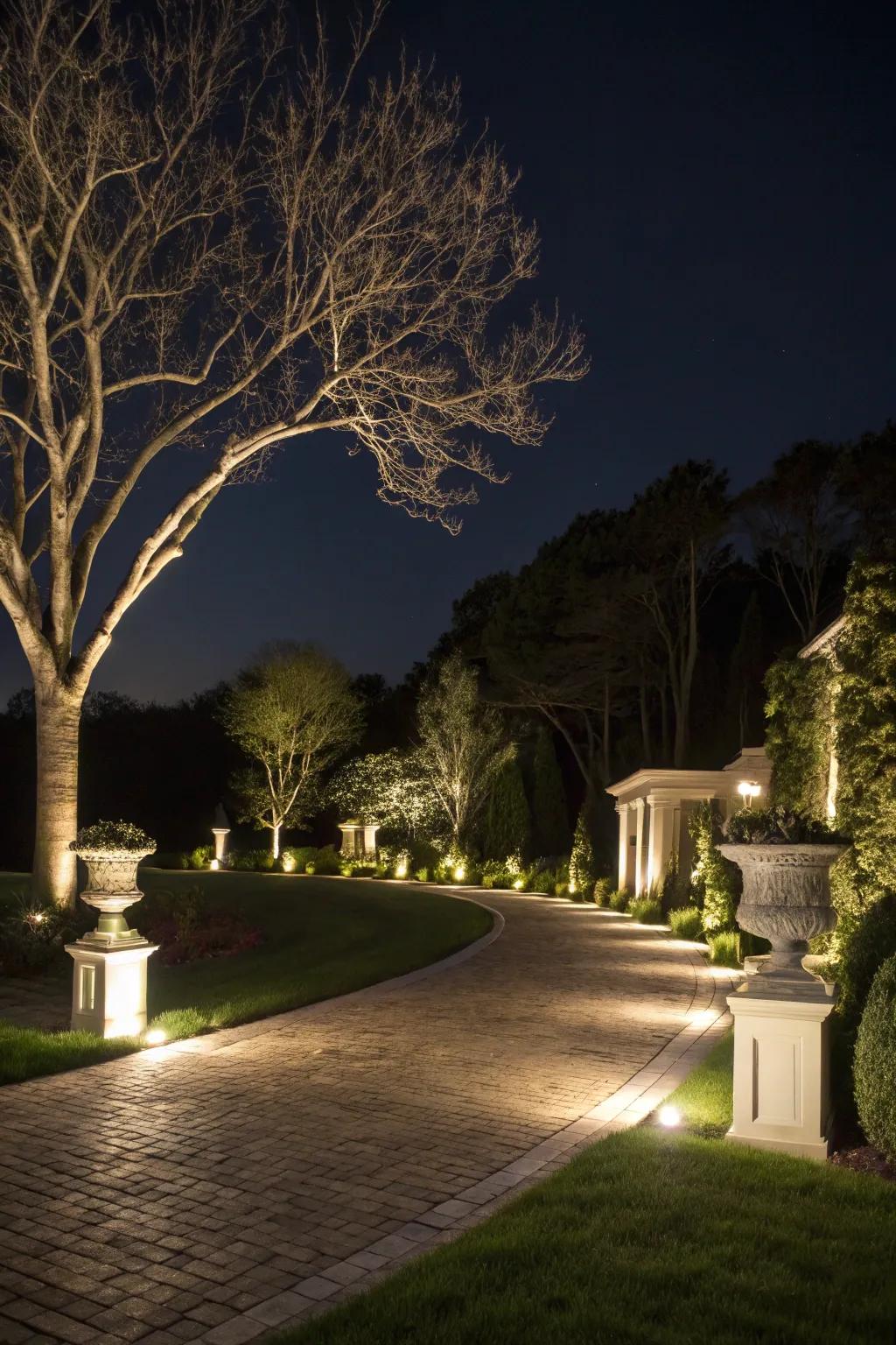 A driveway enhanced by integrated lighting.
