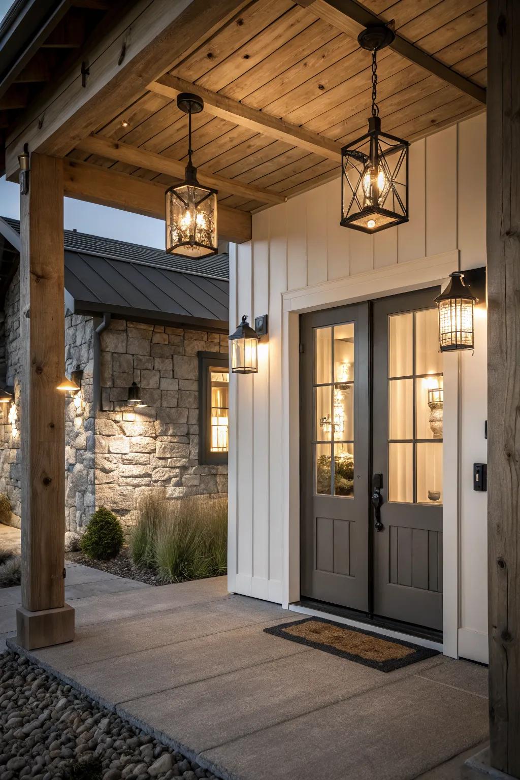 Elegant lighting fixtures warmly invite guests at this farmhouse entryway.