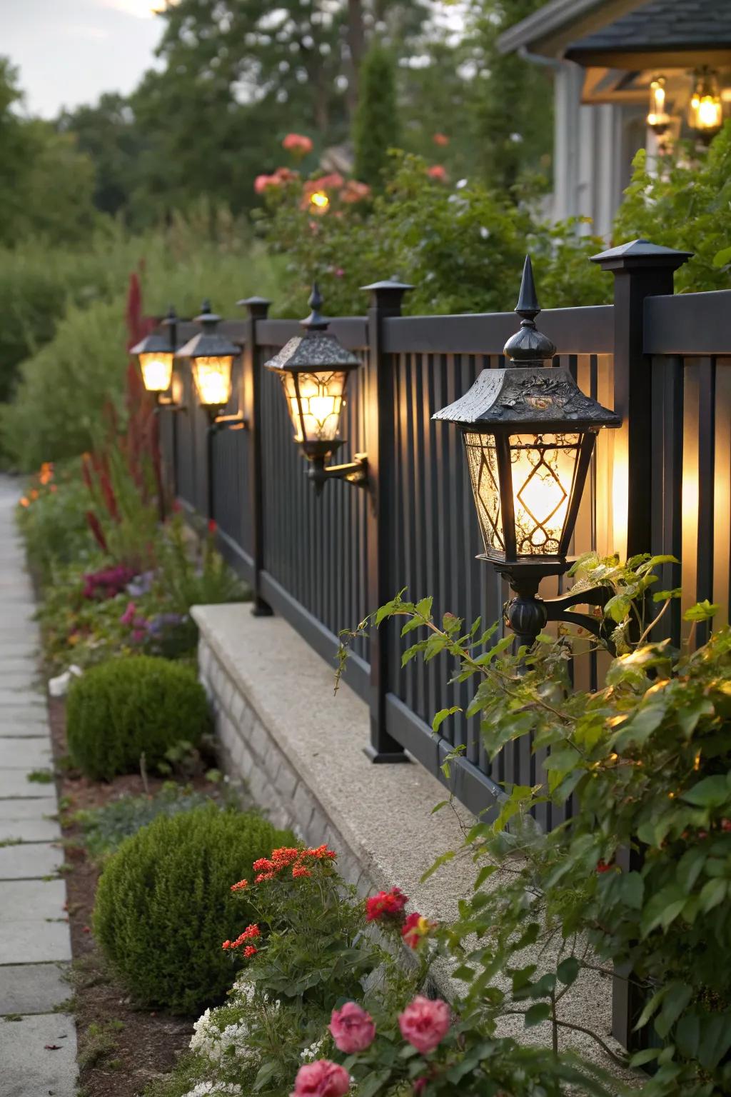 Timeless lanterns add elegance to a modern garden fence.