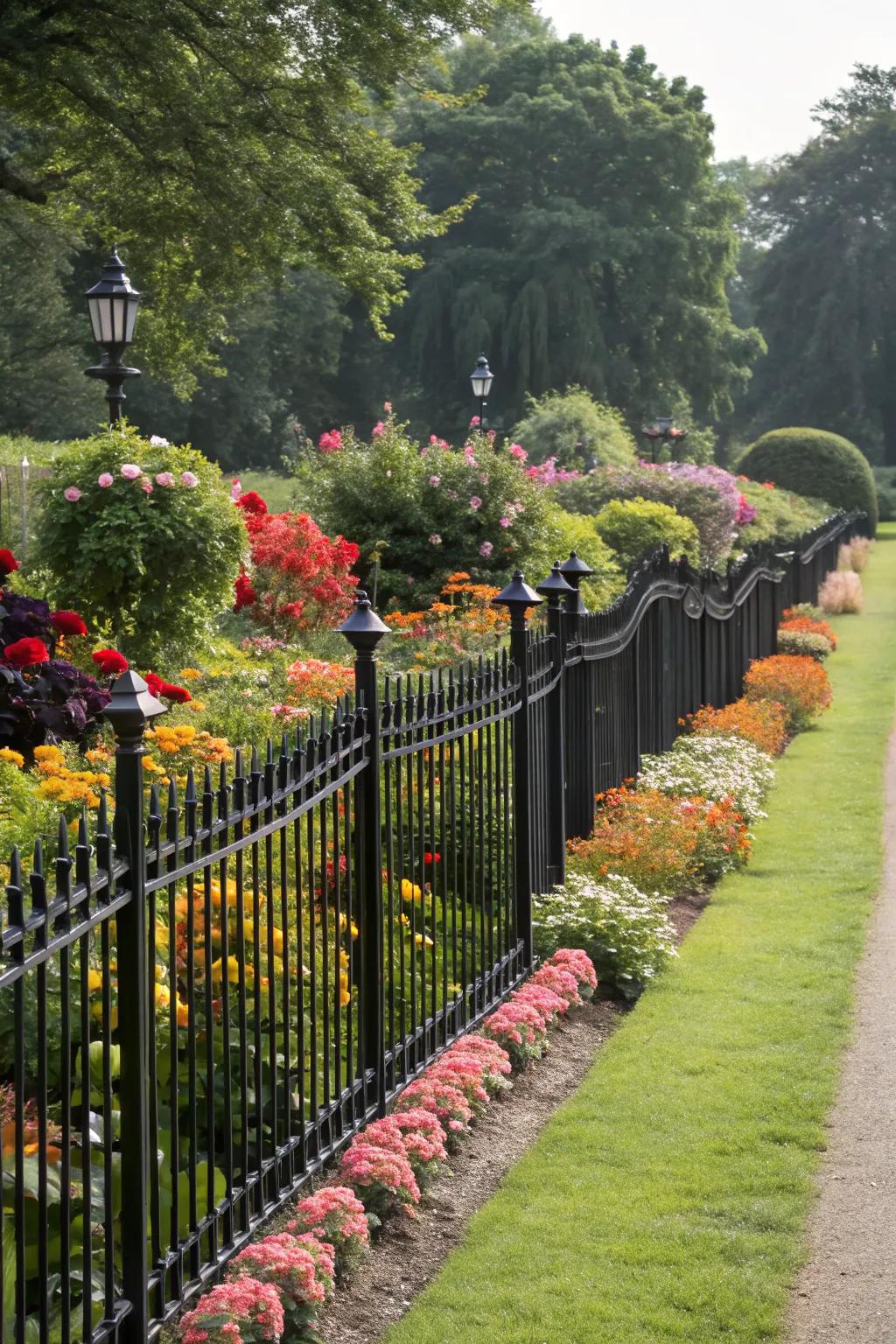 A bold black fence creates a dramatic contrast with colorful flowers.