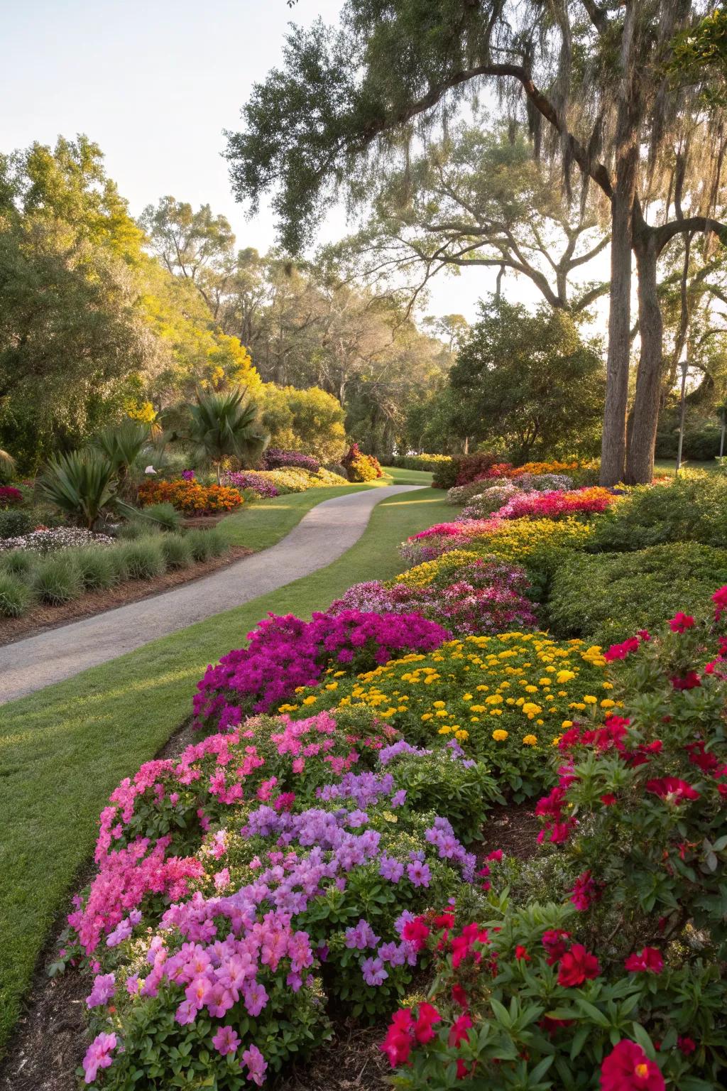 Vibrant flower beds add a pop of color.