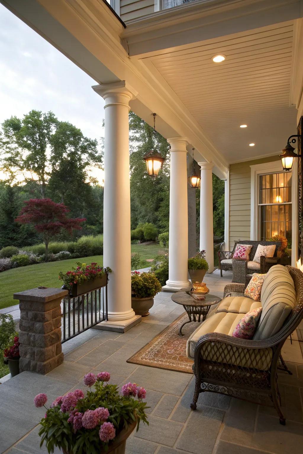 Wraparound pillars create a grand and welcoming entrance.