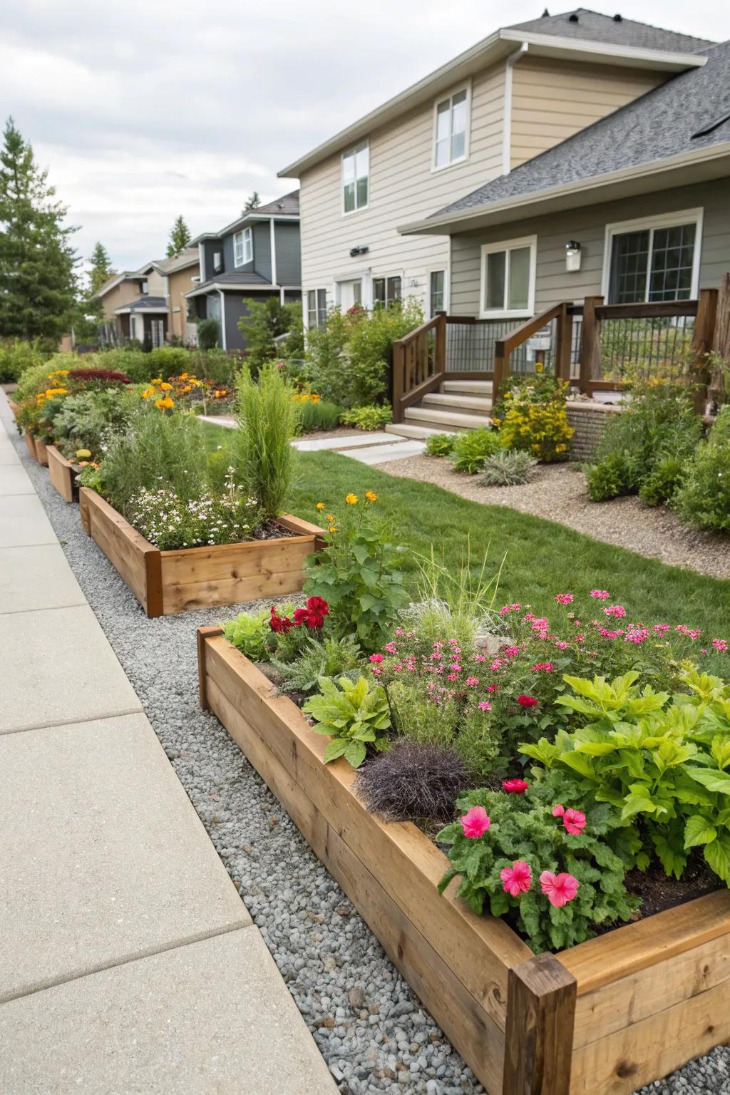 Raised beds add dimension and can showcase ornamental plants.