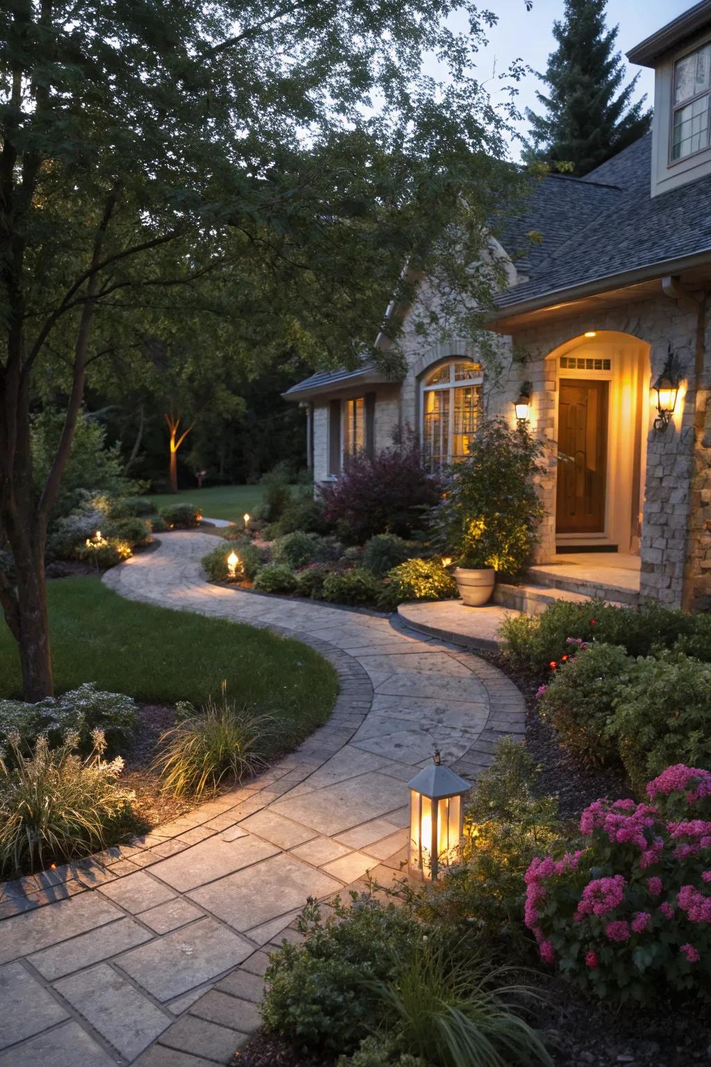 Stylish lighting transforming the front yard at night.