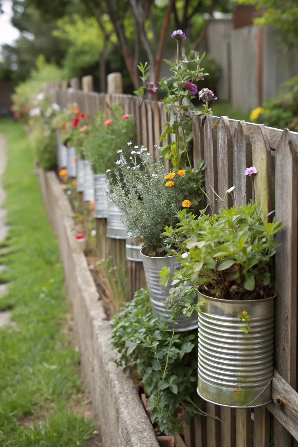 Tin can planters create a vertical herb garden on a fence.