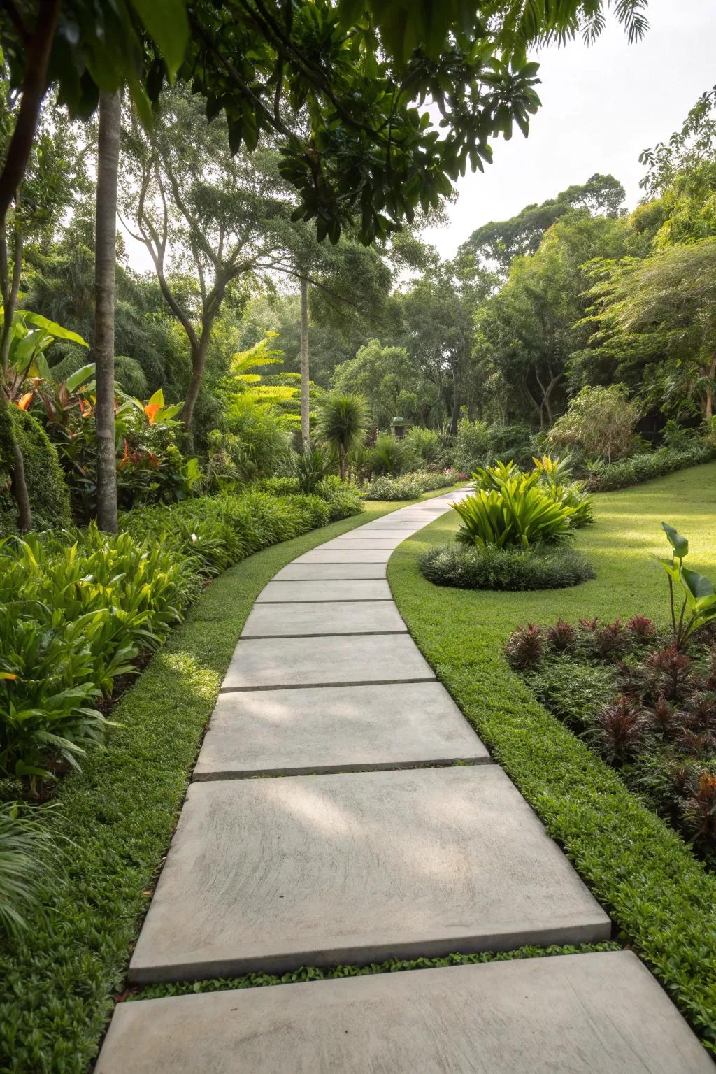 Smooth concrete paving contrasting with vibrant greenery in a modern garden.