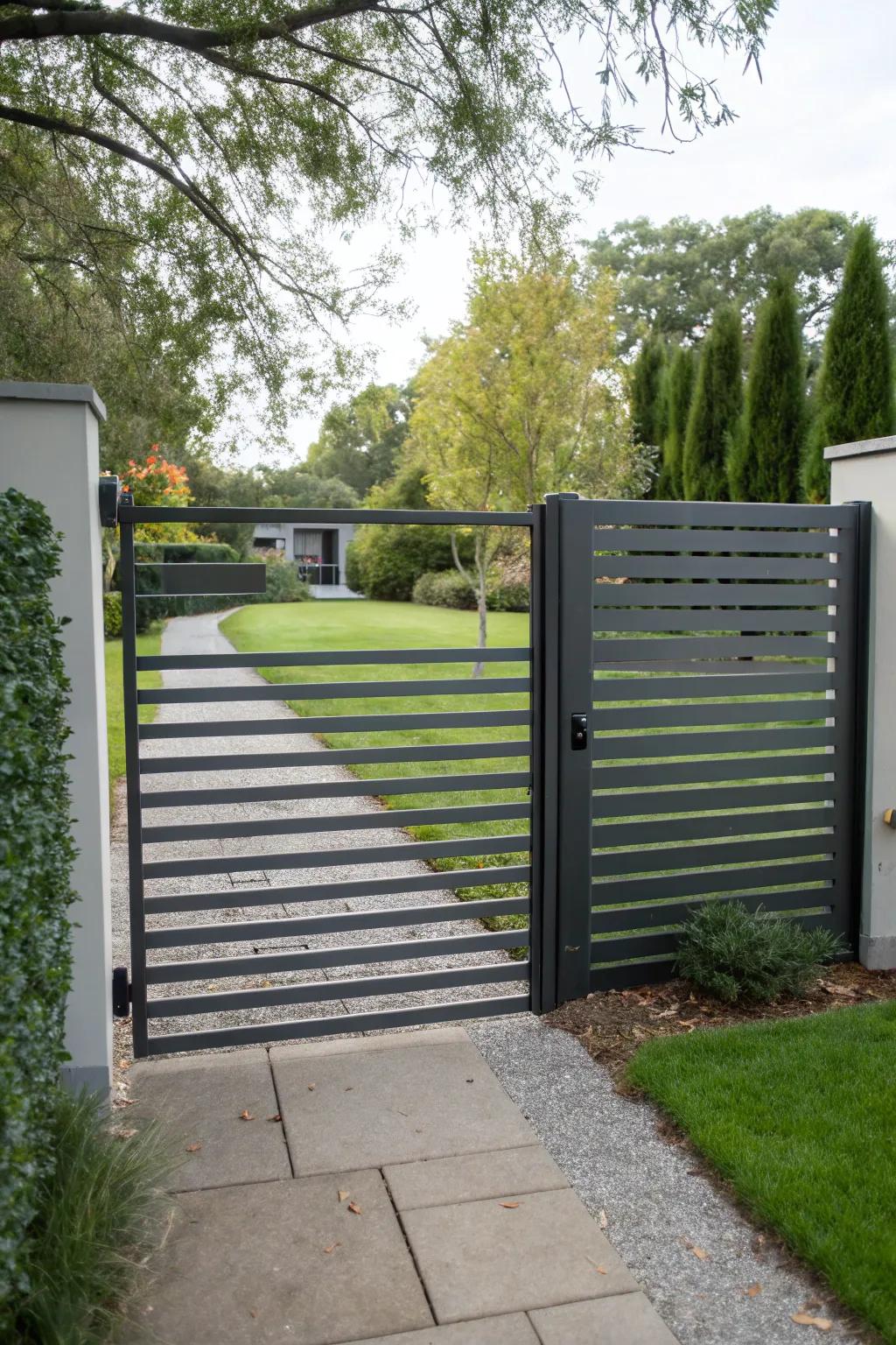 A gate with horizontal slats balancing privacy and style.