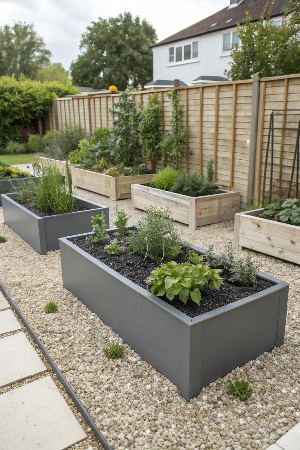 Raised beds and planters adding elegance to a gravel garden.