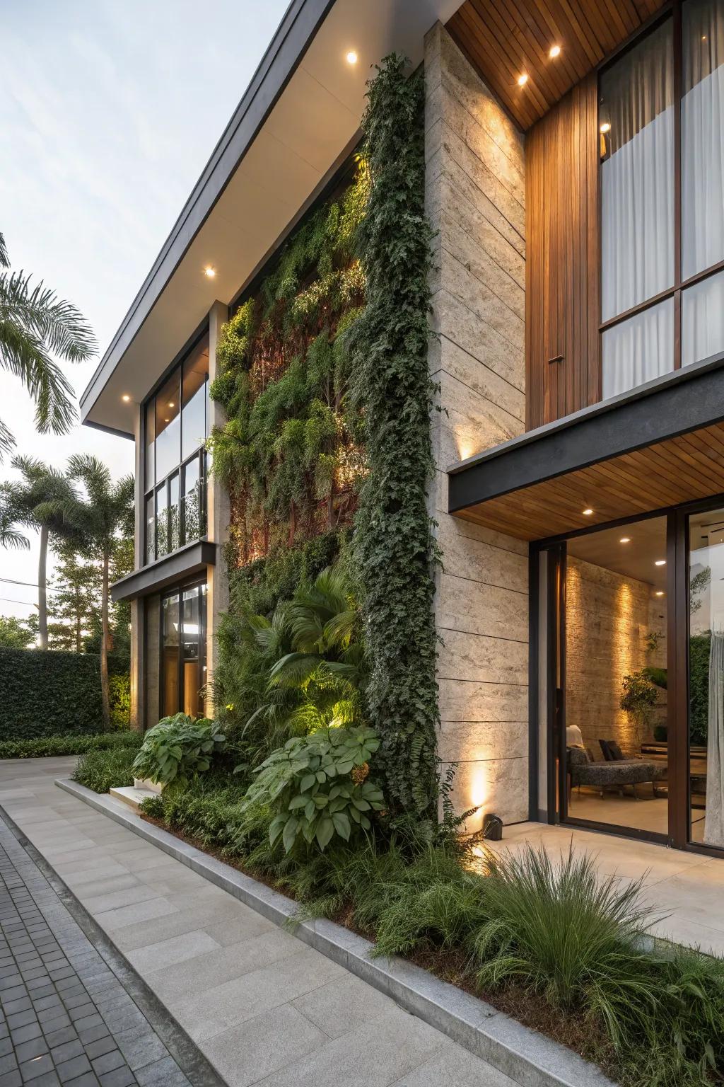 A sustainable facade with a vertical garden and natural textures.