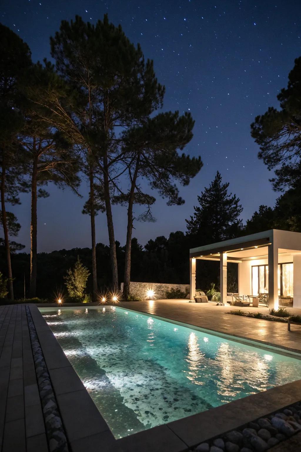A beautifully lit pool at night, showcasing integrated modern lighting designs.
