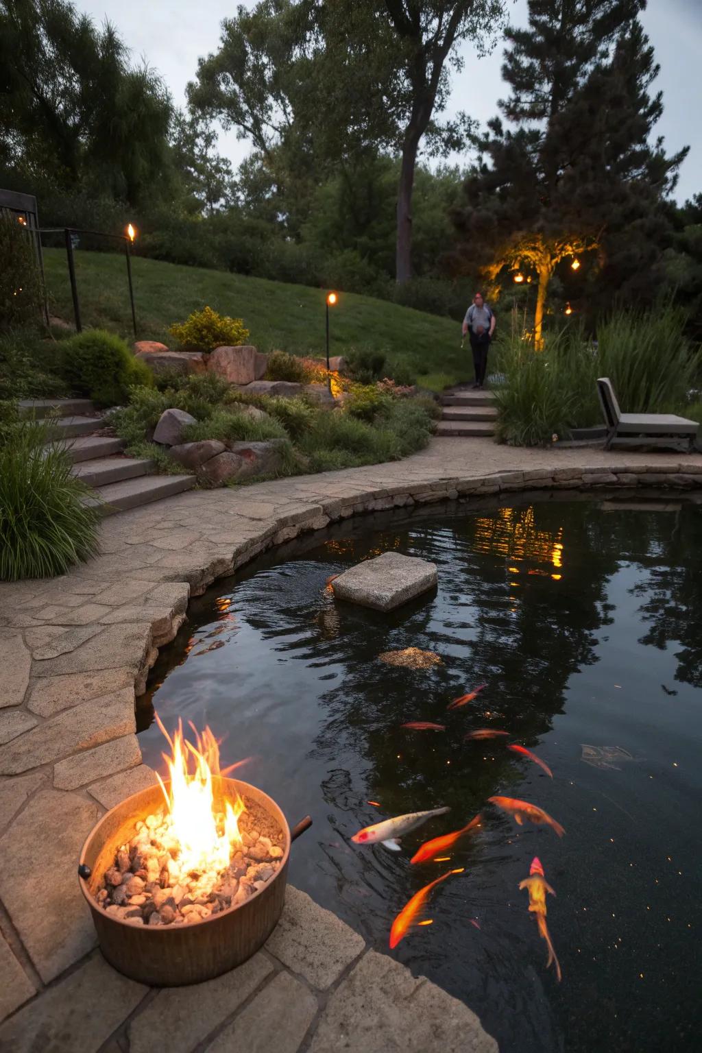 Add warmth and ambiance with a fire element by your koi pond.