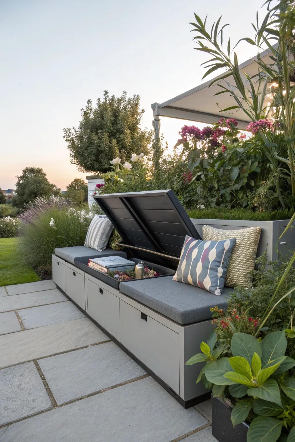 A modern bench with hidden storage compartments under the seat.