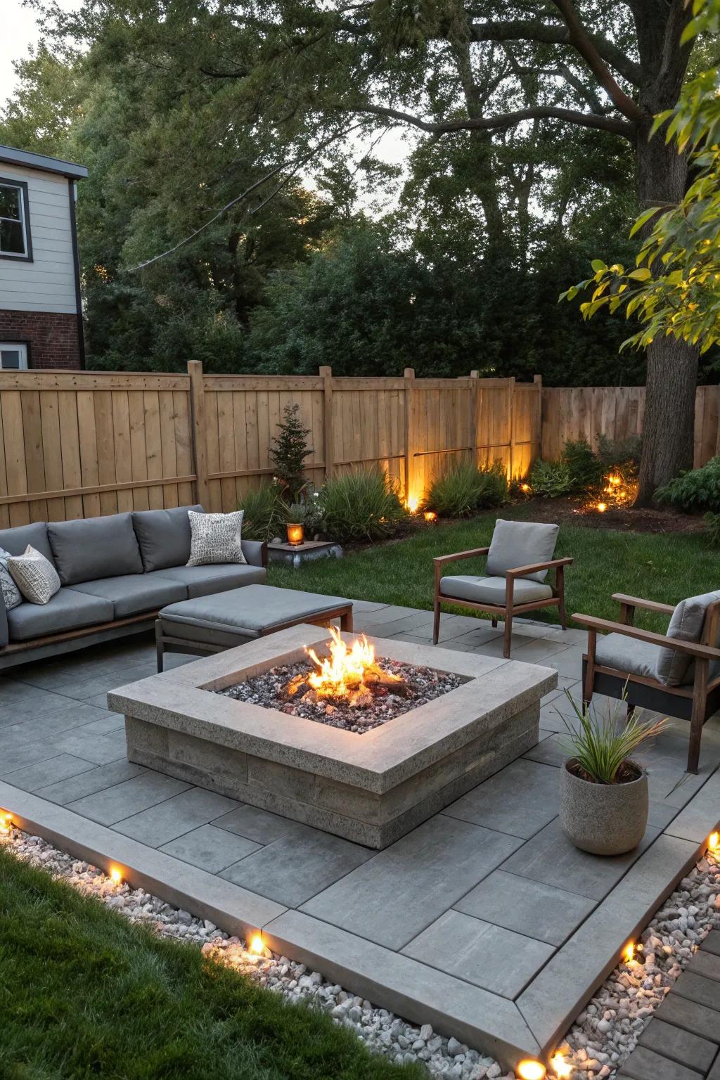 A modern fire pit adds warmth and a cozy ambiance to any gathering.