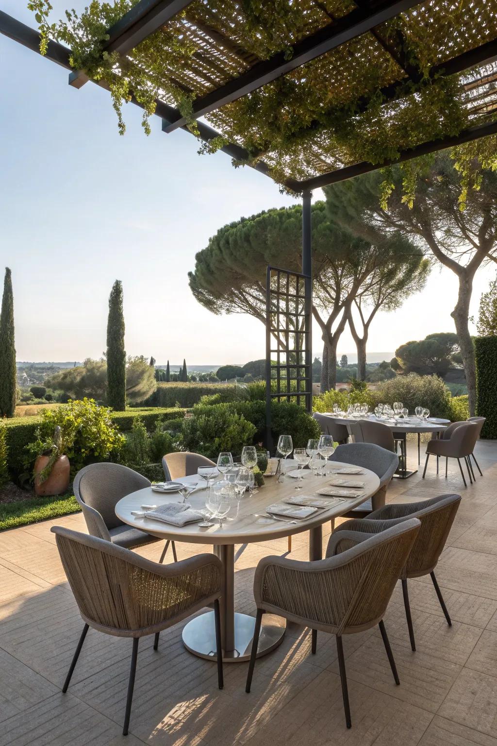 Enjoy meals in style with a chic outdoor dining setup.