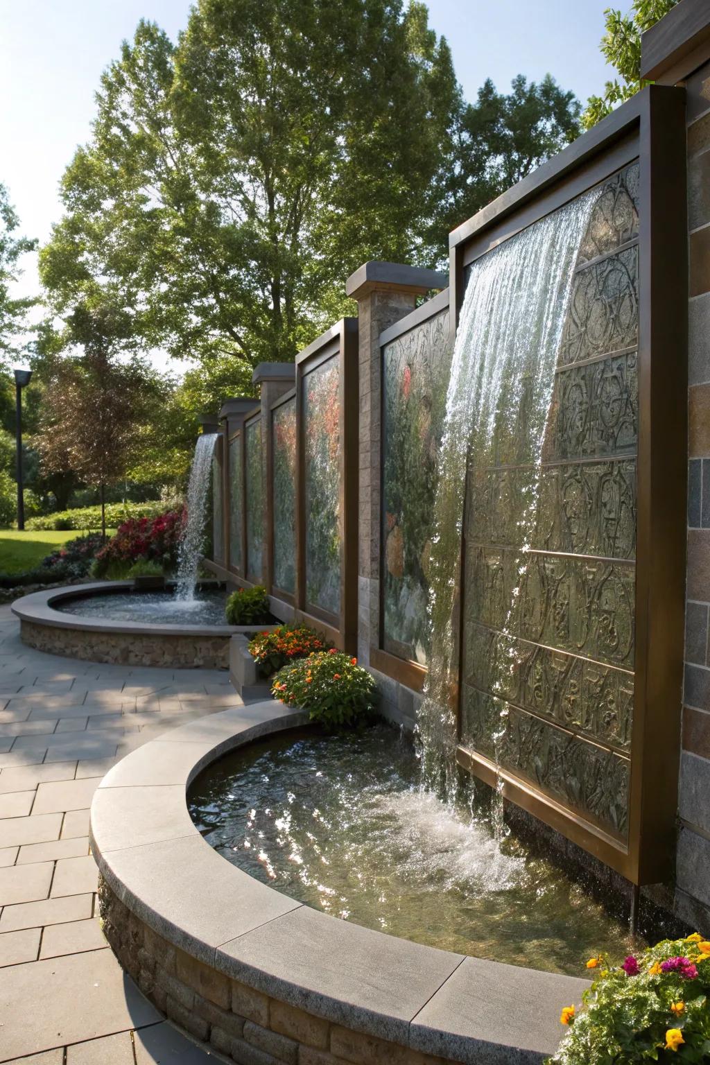 Artistic water wall with sculptural panels creating visual impact.