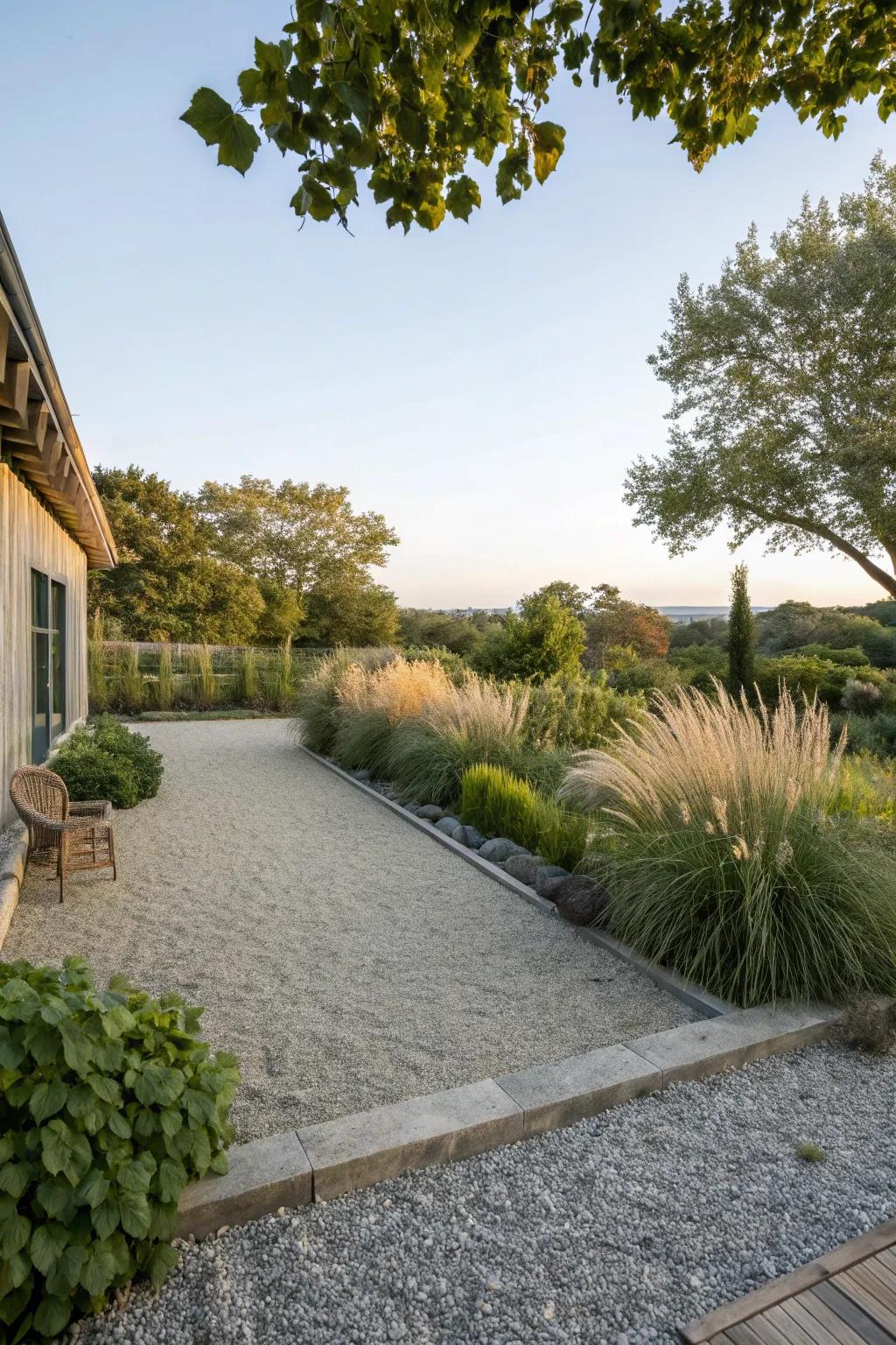 Greenery brings life and softness to a pea gravel patio.