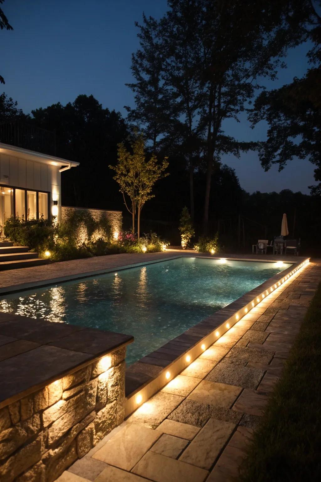 Integrated lighting creates a magical nighttime ambiance.