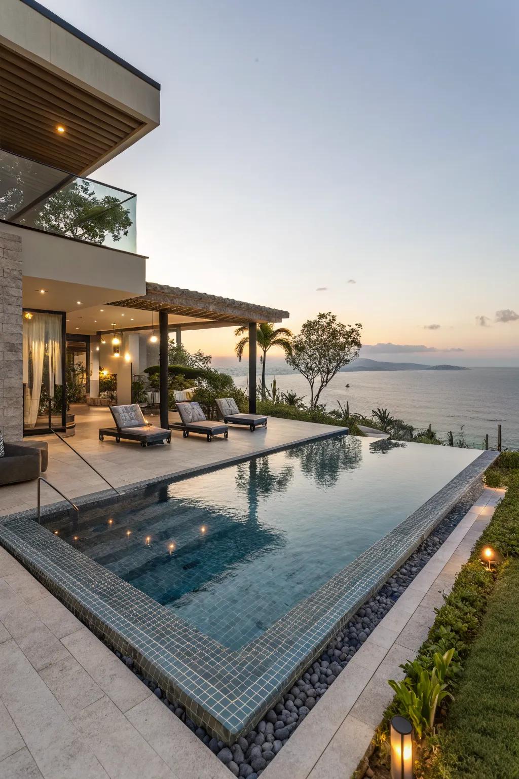 A modern pool with unique features and an infinity edge.