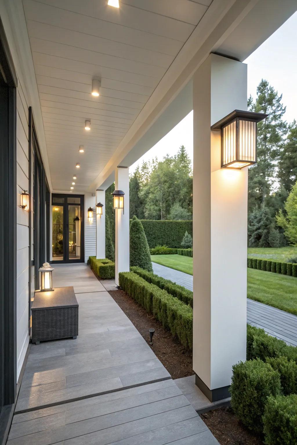 Modern porch with stylish contemporary lighting.