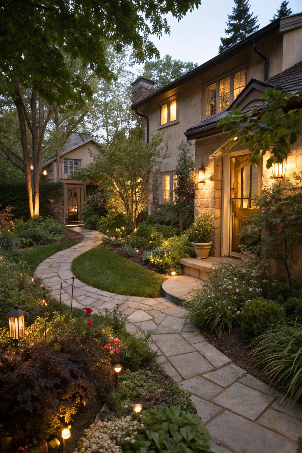 Ambient lighting creates a welcoming atmosphere in your front yard.
