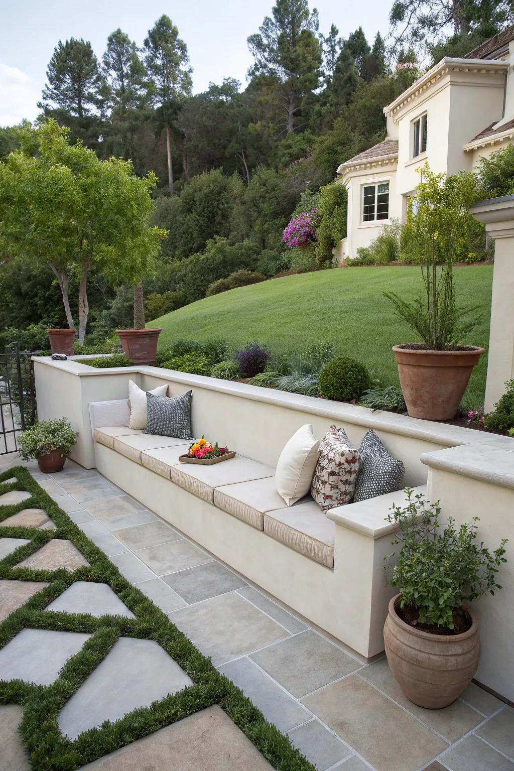 Stucco walls with seating create a welcoming outdoor living space.
