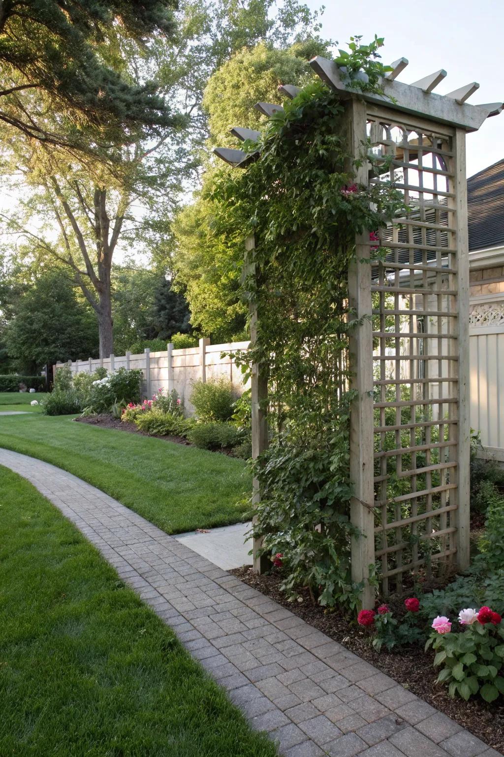 Freestanding trellises serve as elegant garden dividers.