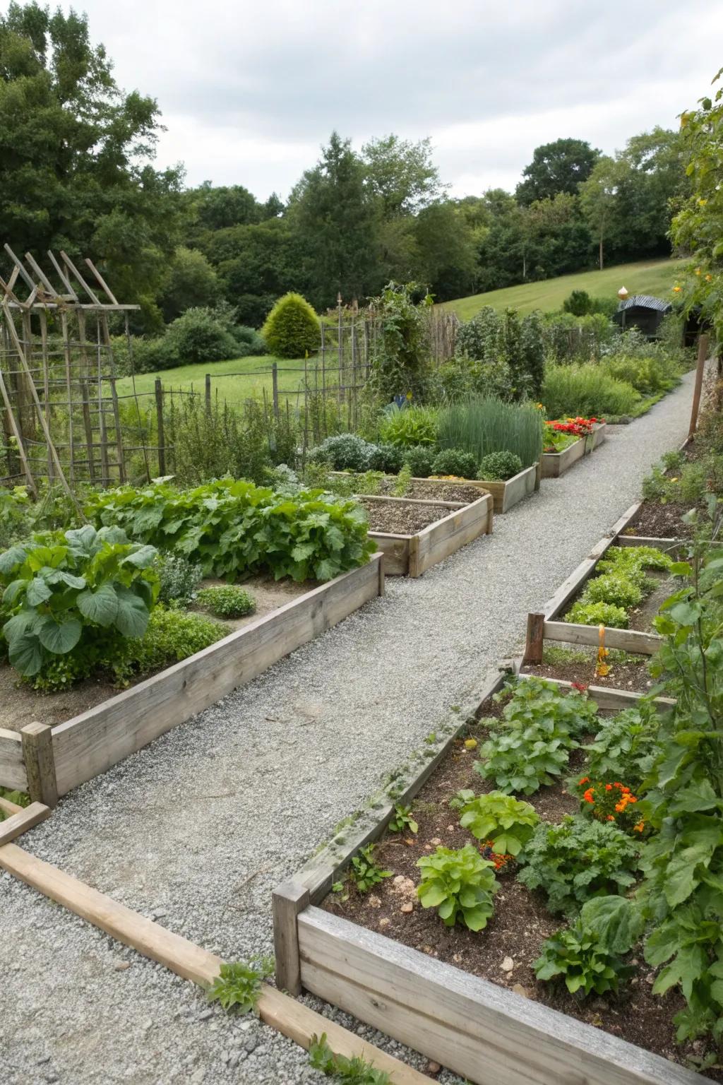Neatly organized vegetable garden with gravel pathways for easy access.