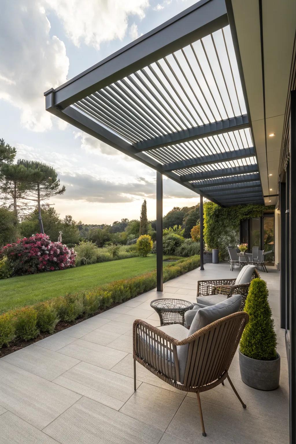 A modern pergola adds structure and shade.