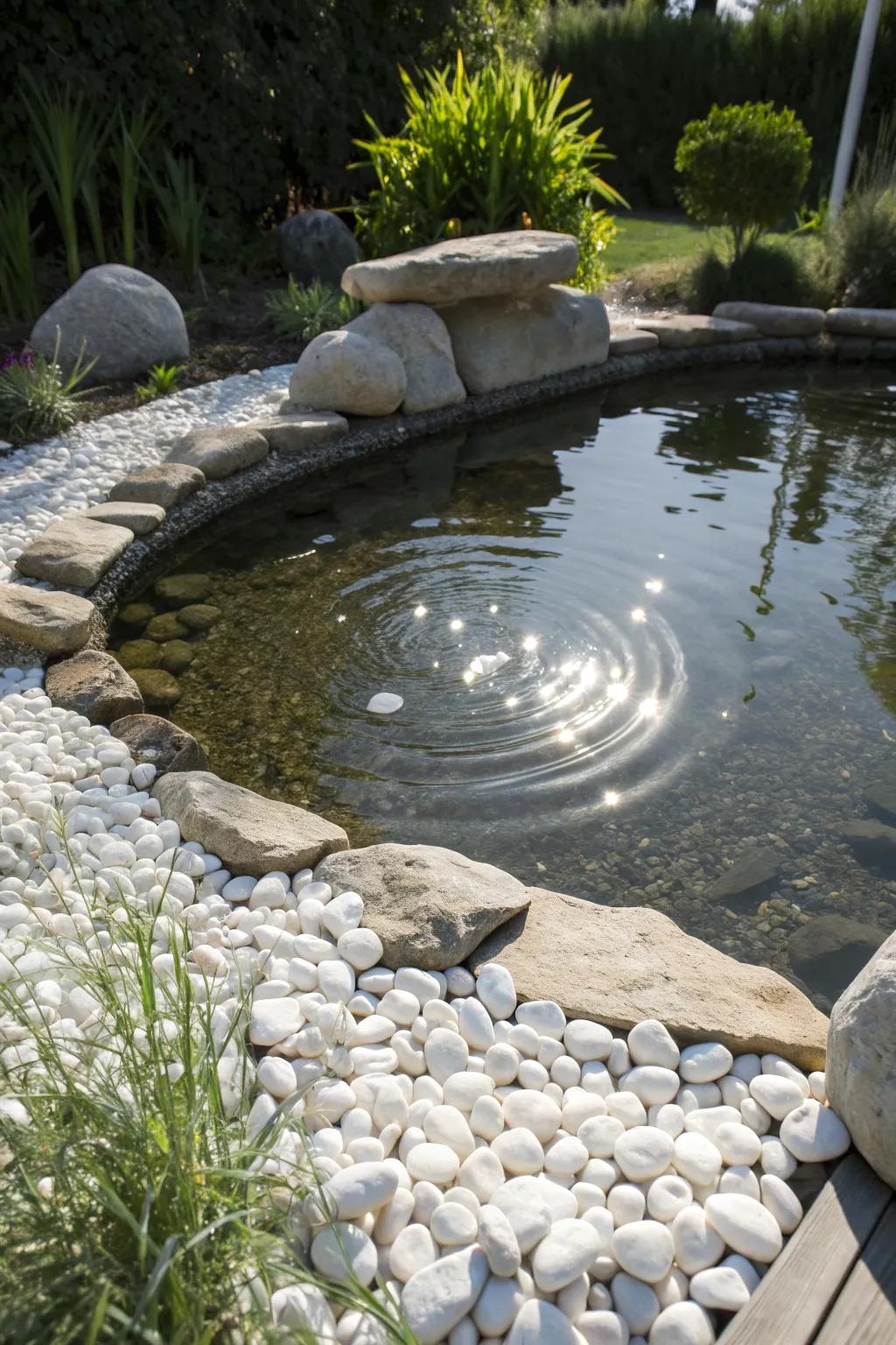 White pebbles enhance the beauty of water features in your garden.