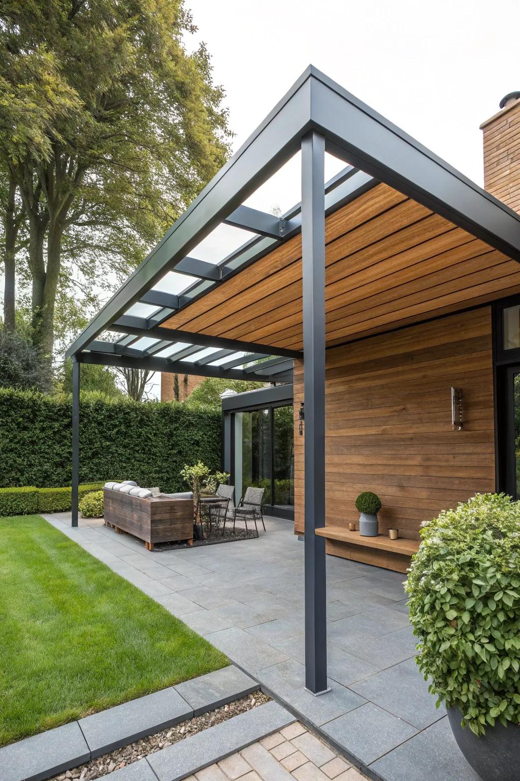 A mixed material awning blending wood and metal for a contemporary look.