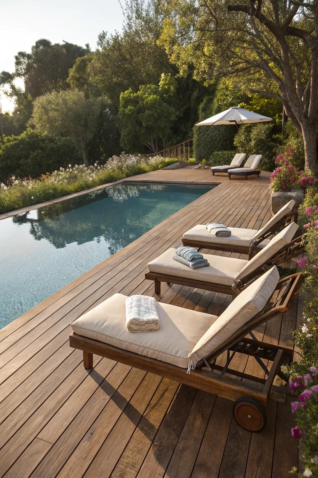 A luxurious lounging area on a wood pool deck.