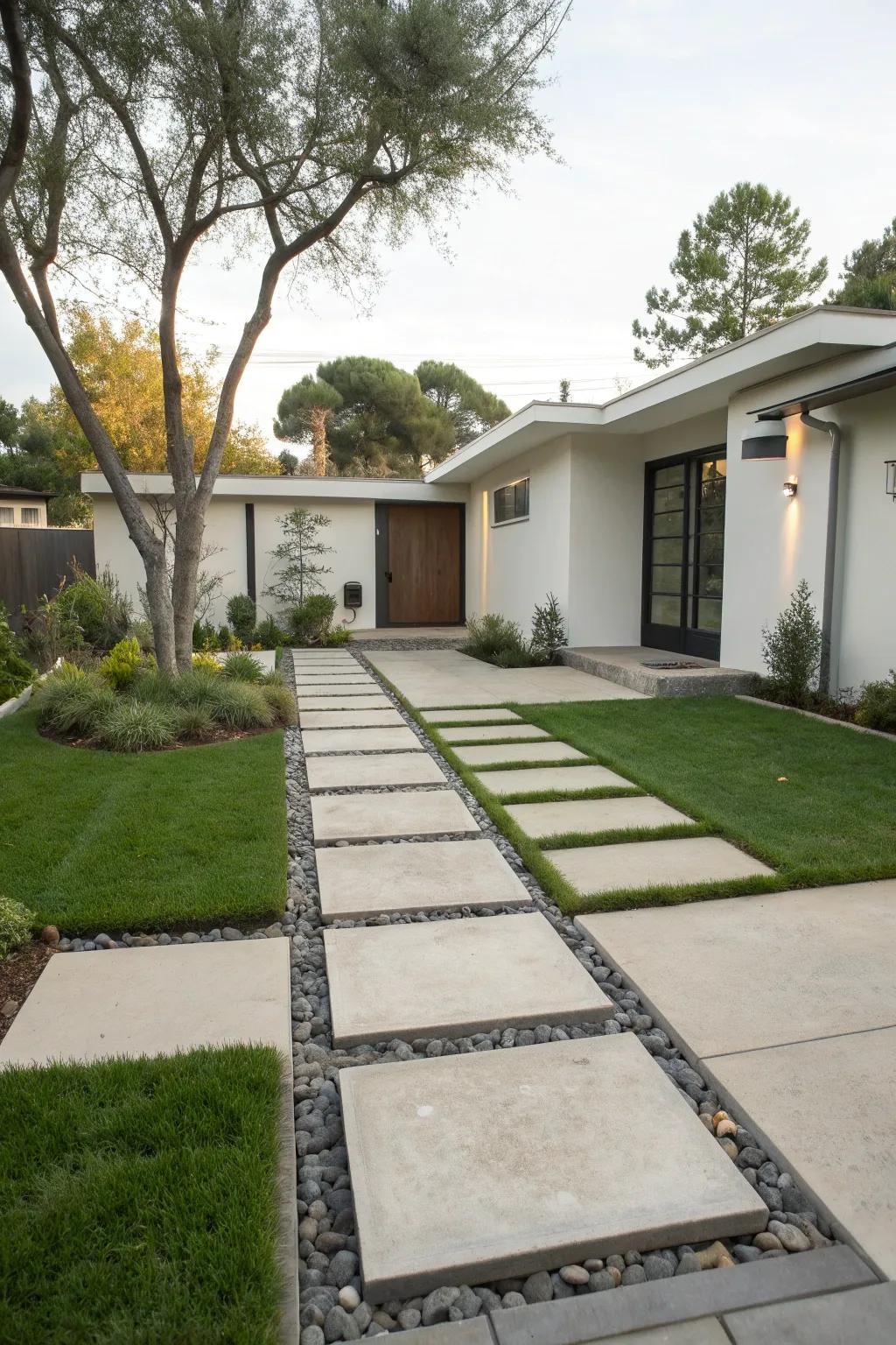 A modern front yard with inviting concrete and stone pathways.