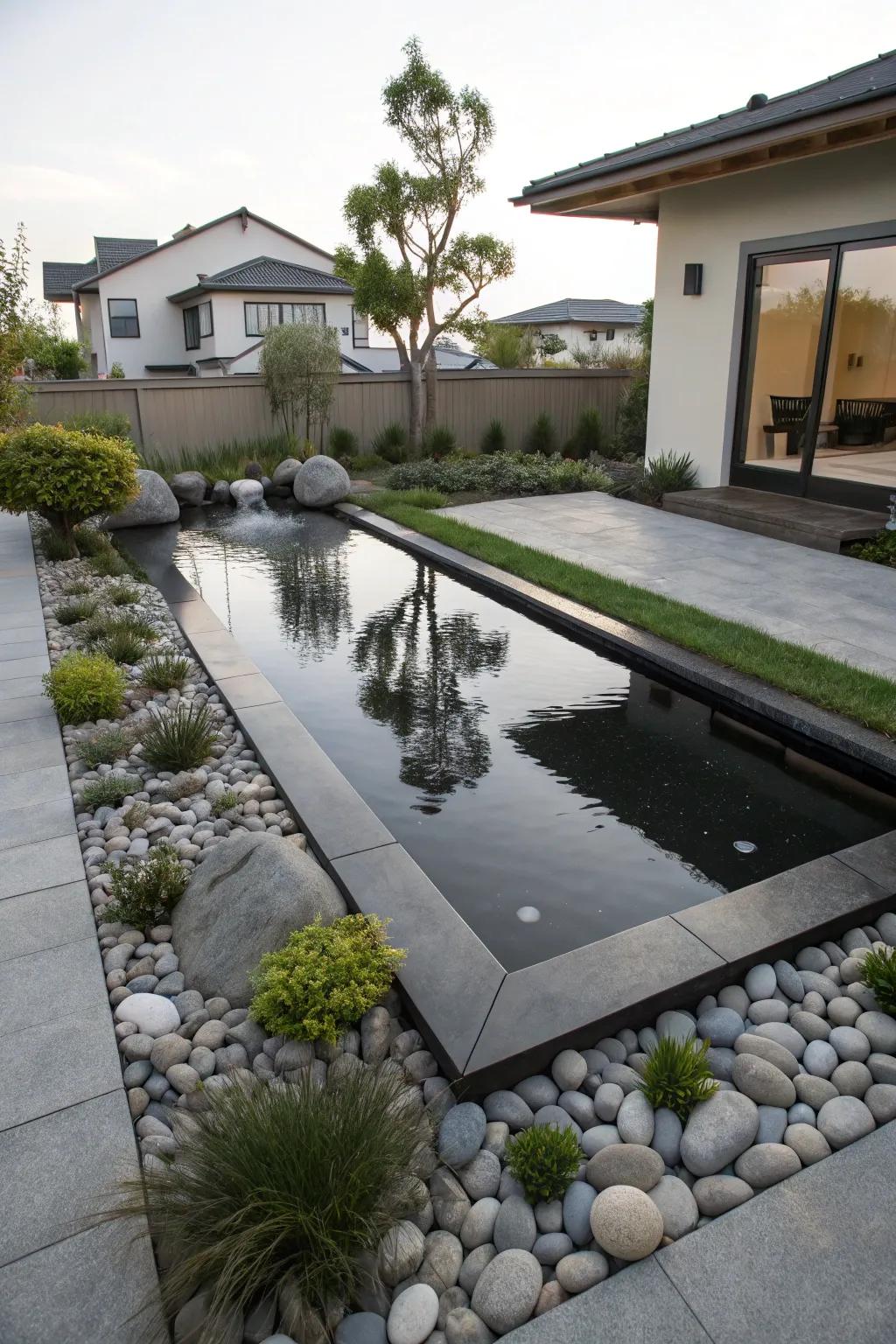 A reflective water feature adds tranquility to a Zen garden.