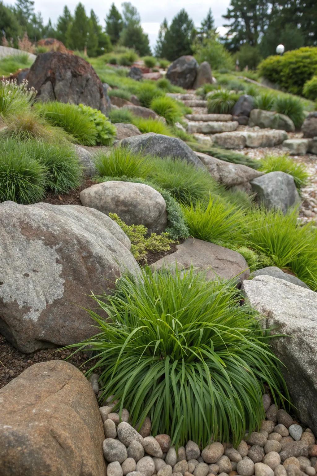 Mondo grass adds vibrant green contrast to a rock garden, enhancing its natural beauty.